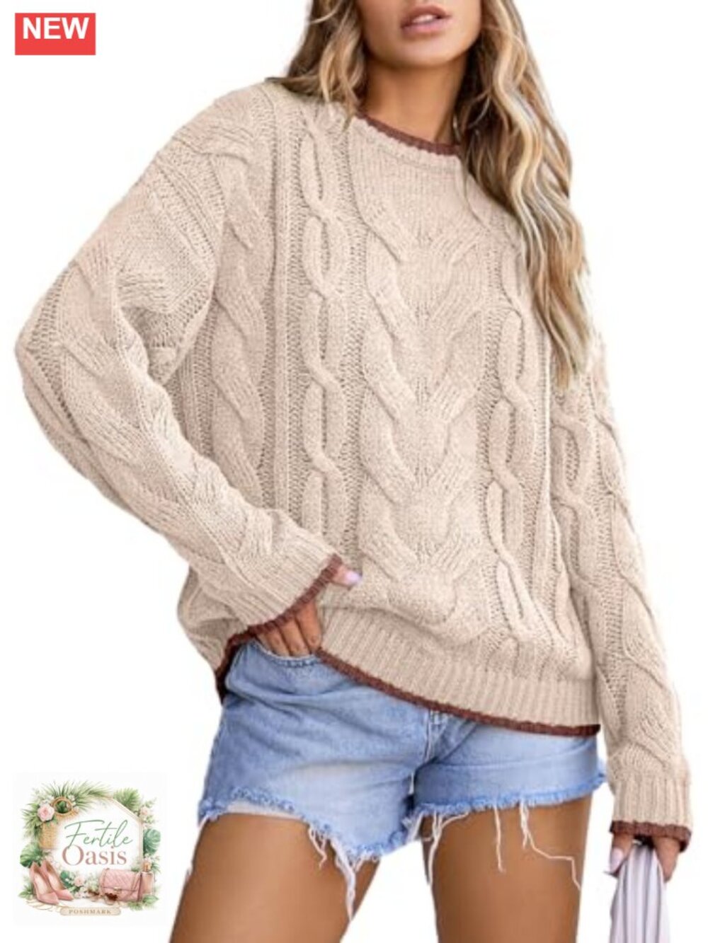 Women's Chunky Cable Knit Pullover Sweater Crewneck Long Sleeve Cozy Fall Winter